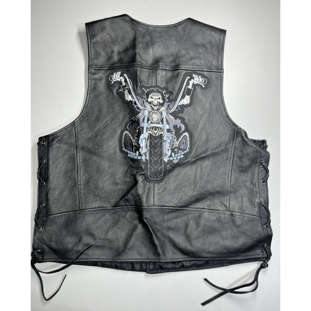 Harley Davidson Leather Biker Vest Mens XL Black Death Rider Skeleton Patch Moto
